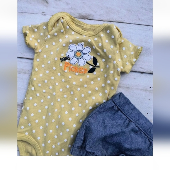 Carter's Baby Girl Polka Dot One Piece With Denim Shorts Yellow Blue Size 6 Mos - Picture 3 of 6